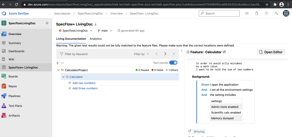 specflow living doc in Azure DevOps screenshot 